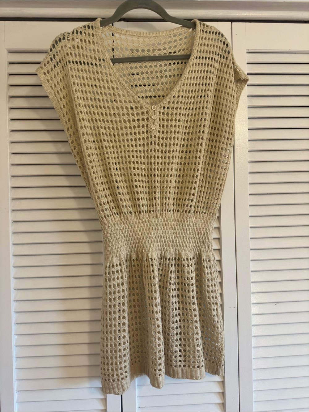 Beige Open-Knit V-Neck Swim Coverup Mini Dress